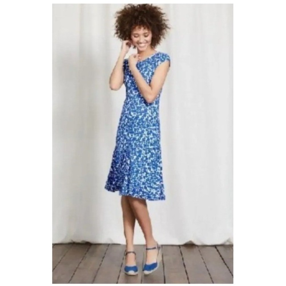 Boden Avril Tea Length Jersey Flounce Dress Blue White Dot Size 10R